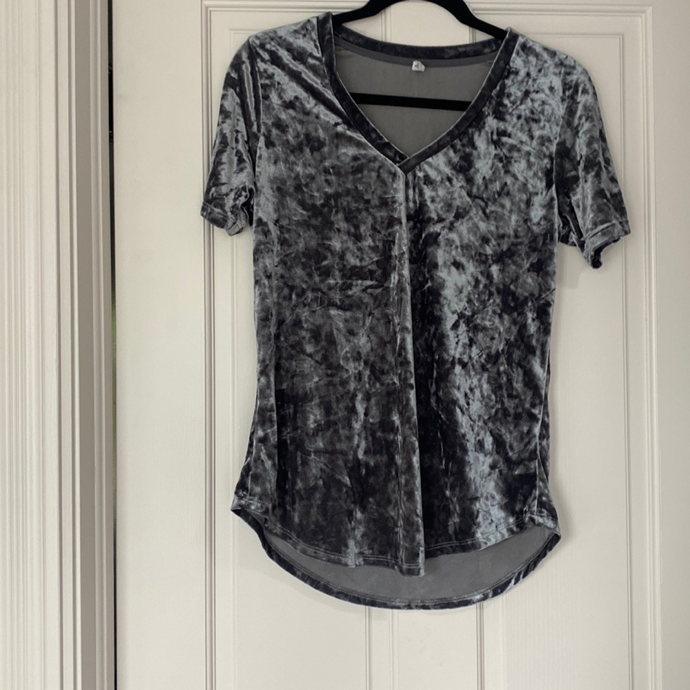 Silvery crushed velvet t-shirt. Slightly longer in back